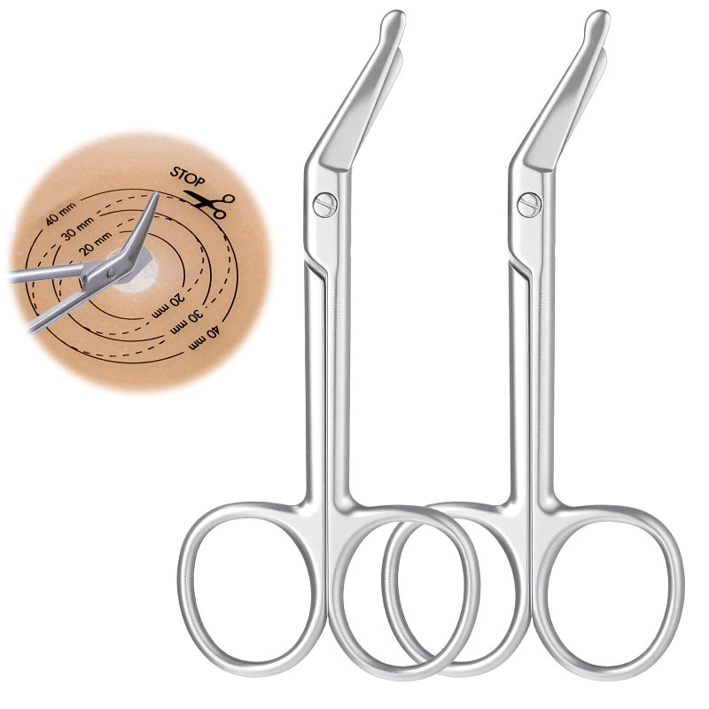 2 Pcs Ostomy Scissors, Small Bandage Scissors, Stainless Steel Curved Scissor for Ostomy Care, Colostomy, Ileostomy, 4.4 X 2 Inch, Silver